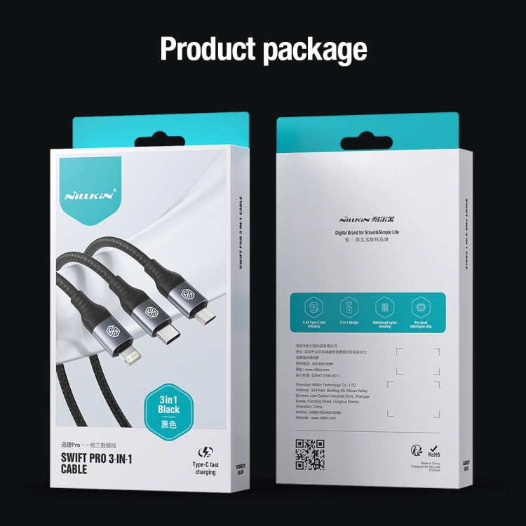 Nillkin Swift Pro 1m 3 in 1 USB to 8 Pin + Type-C + Micro USB Fast Charging Cable
