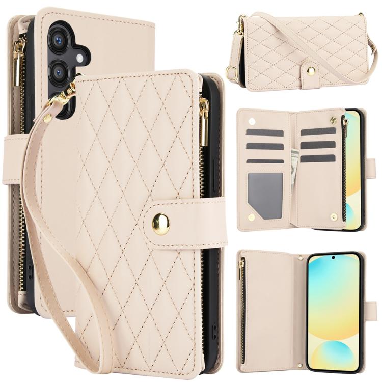 YM016 Rhombic Zipper Card Wallet Leather Phone Case with Lanyard