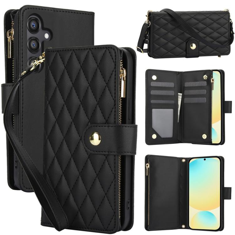 YM016 Rhombic Zipper Card Wallet Leather Phone Case with Lanyard