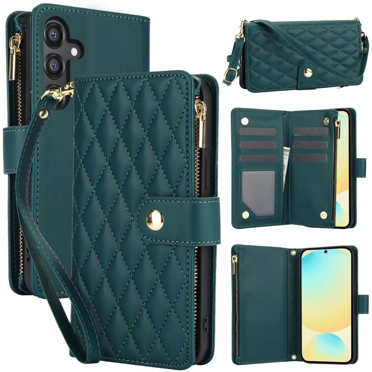 YM016 Rhombic Zipper Card Wallet Leather Phone Case with Lanyard