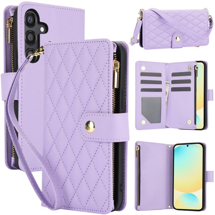 YM016 Rhombic Zipper Card Wallet Leather Phone Case with Lanyard