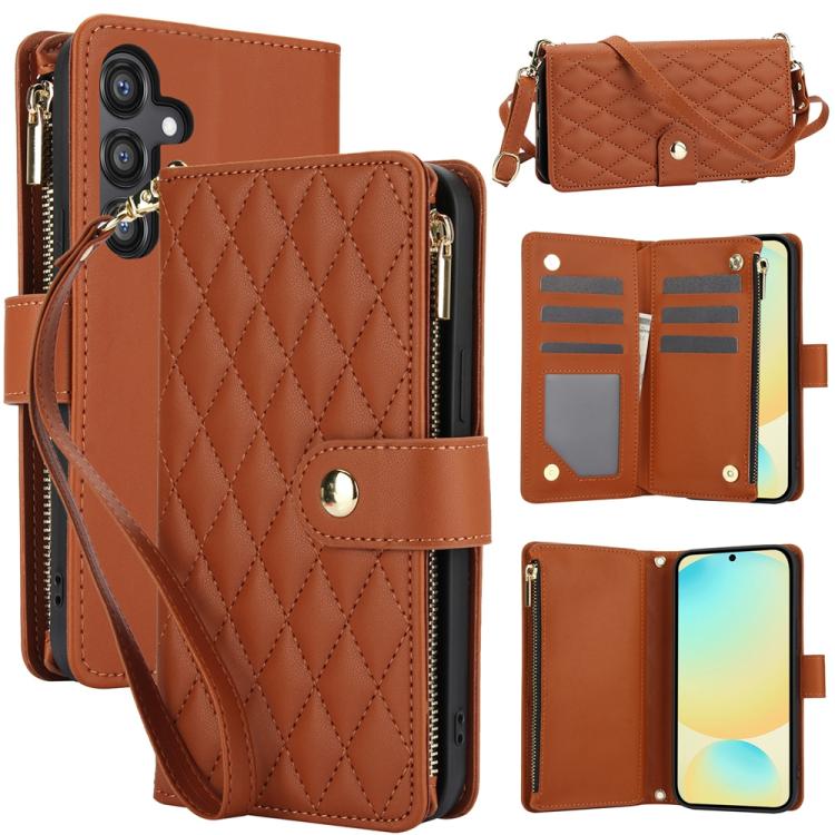 YM016 Rhombic Zipper Card Wallet Leather Phone Case with Lanyard