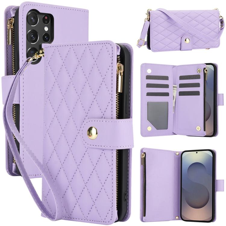 YM016 Rhombic Zipper Card Wallet Leather Phone Case with Lanyard