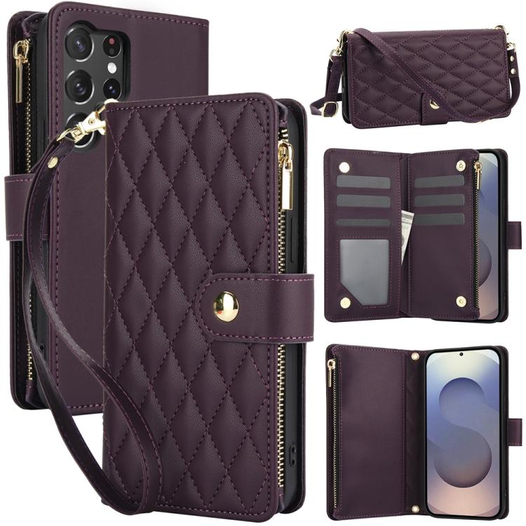 YM016 Rhombic Zipper Card Wallet Leather Phone Case with Lanyard