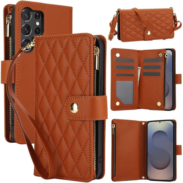 YM016 Rhombic Zipper Card Wallet Leather Phone Case with Lanyard