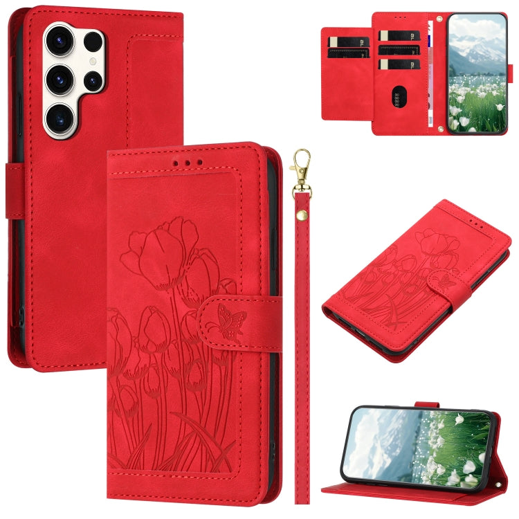 Tulips Embossed Leather Phone Case with Lanyard, For Samsung Galaxy S25 Edge 5G, For Samsung Galaxy S25 5G, For Samsung Galaxy S25+ 5G, For Samsung Galaxy S25 Ultra 5G
