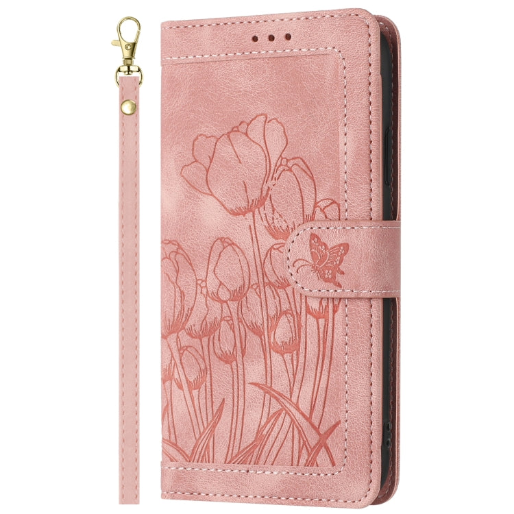 Tulips Embossed Leather Phone Case with Lanyard, For Samsung Galaxy S24 FE 5G, For Samsung Galaxy S24 Ultra 5G, For Samsung Galaxy S24+ 5G, For Samsung Galaxy S24 5G