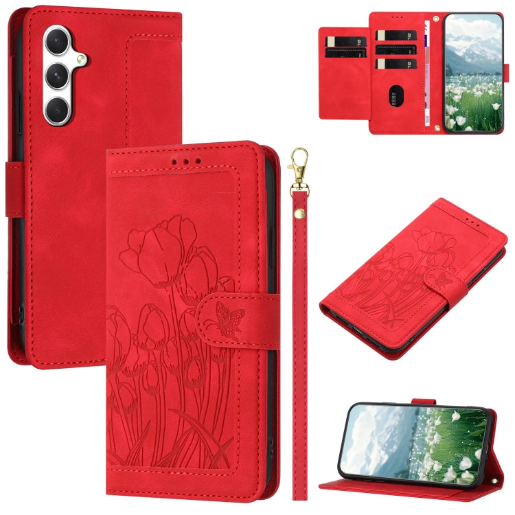 Tulips Embossed Leather Phone Case with Lanyard, For Samsung Galaxy S24 FE 5G, For Samsung Galaxy S24 Ultra 5G, For Samsung Galaxy S24+ 5G, For Samsung Galaxy S24 5G