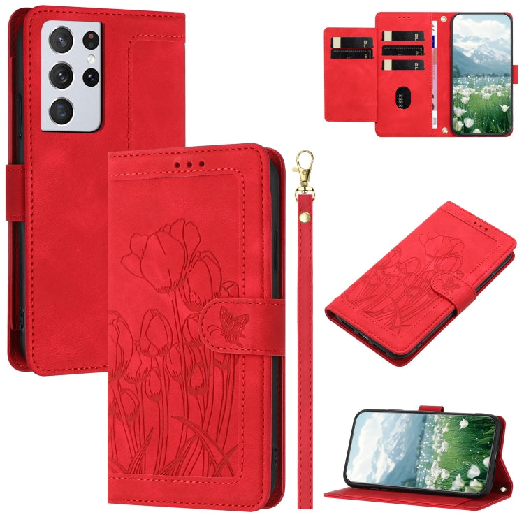 Tulips Embossed Leather Phone Case with Lanyard, For Samsung Galaxy S21 FE 5G, For Samsung Galaxy S21 5G, For Samsung Galaxy S21+ 5G, For Samsung Galaxy S21 Ultra 5G