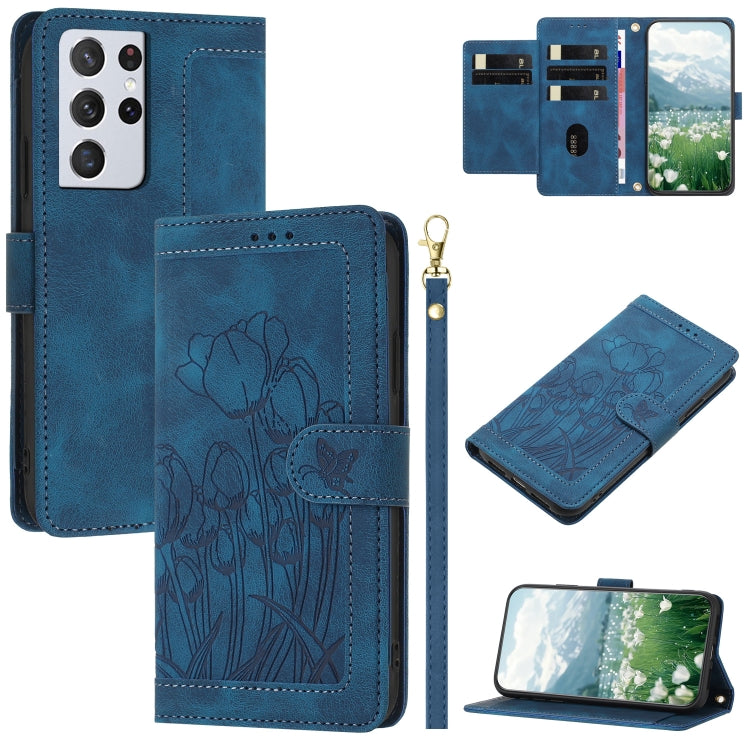 Tulips Embossed Leather Phone Case with Lanyard, For Samsung Galaxy S21 FE 5G, For Samsung Galaxy S21 5G, For Samsung Galaxy S21+ 5G, For Samsung Galaxy S21 Ultra 5G