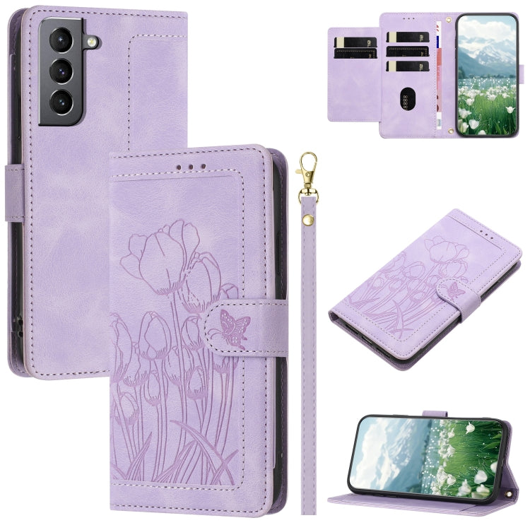 Tulips Embossed Leather Phone Case with Lanyard, For Samsung Galaxy S21 FE 5G, For Samsung Galaxy S21 5G, For Samsung Galaxy S21+ 5G, For Samsung Galaxy S21 Ultra 5G