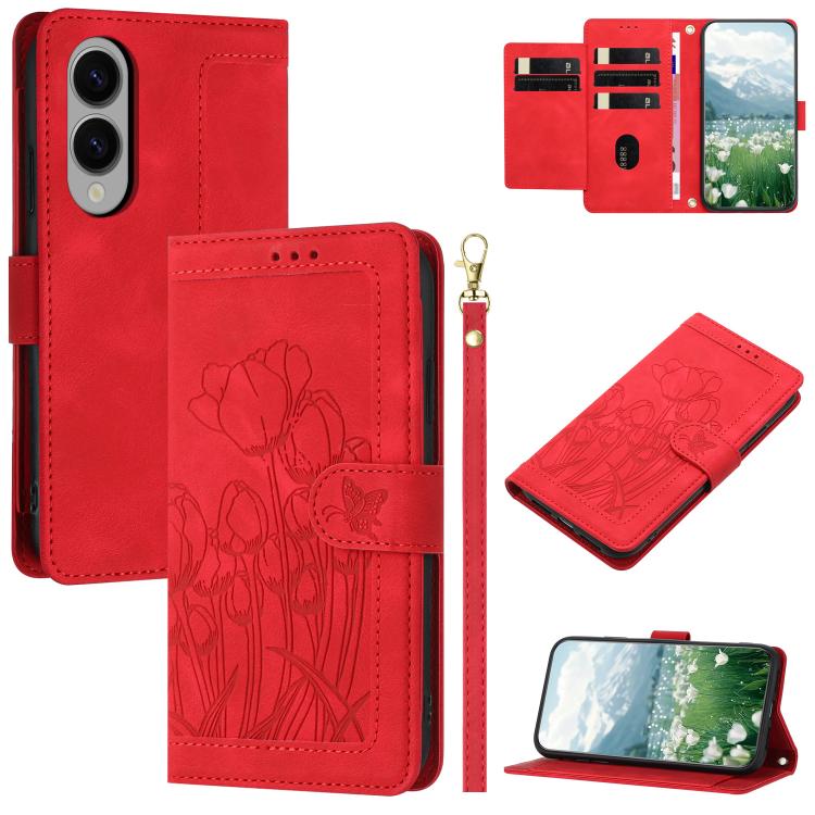 Tulips Embossed Leather Phone Case with Lanyard, For Samsung Galaxy S25 Edge 5G, For Samsung Galaxy S25 5G, For Samsung Galaxy S25+ 5G, For Samsung Galaxy S25 Ultra 5G