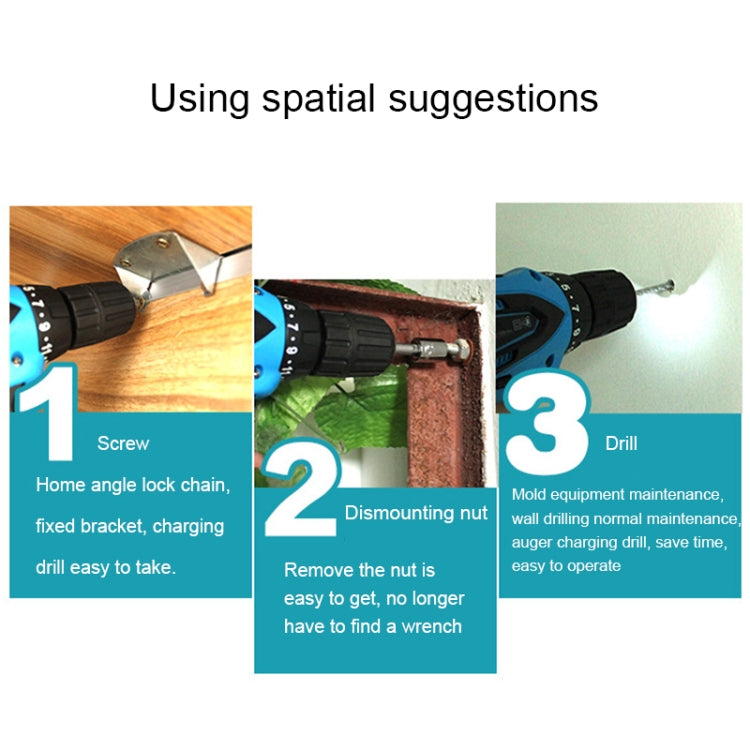 VOTO 12V Stepless Speed Regulation Rechargeable Hand Drill Set Electric Drill Power Tools with LED Light, AC 220V, US Plug, Random Color Delivery, 12V Dual Speed