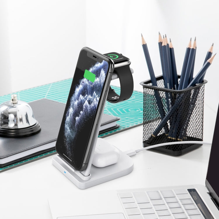 10W 3 in 1 QC 3.0 Vertical Multi-function Wireless Charger with Stand Function, Suitable for Mobile Phones / Apple Watch / AirPods