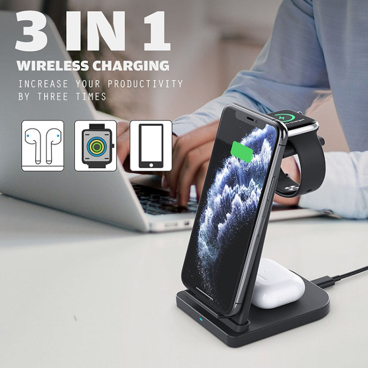 10W 3 in 1 QC 3.0 Vertical Multi-function Wireless Charger with Stand Function, Suitable for Mobile Phones / Apple Watch / AirPods