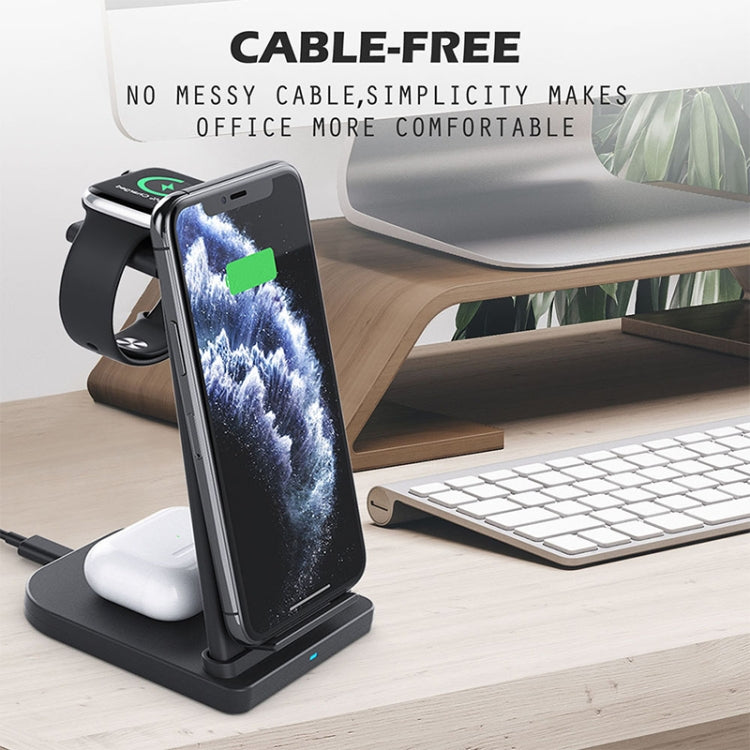 10W 3 in 1 QC 3.0 Vertical Multi-function Wireless Charger with Stand Function, Suitable for Mobile Phones / Apple Watch / AirPods