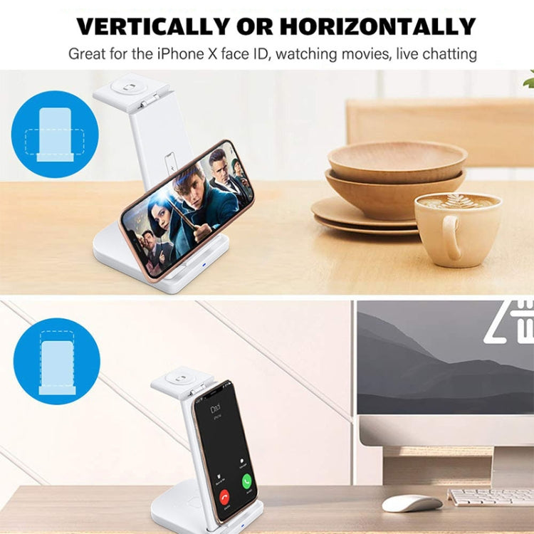 10W 3 in 1 QC 3.0 Vertical Multi-function Wireless Charger with Stand Function, Suitable for Mobile Phones / Apple Watch / AirPods