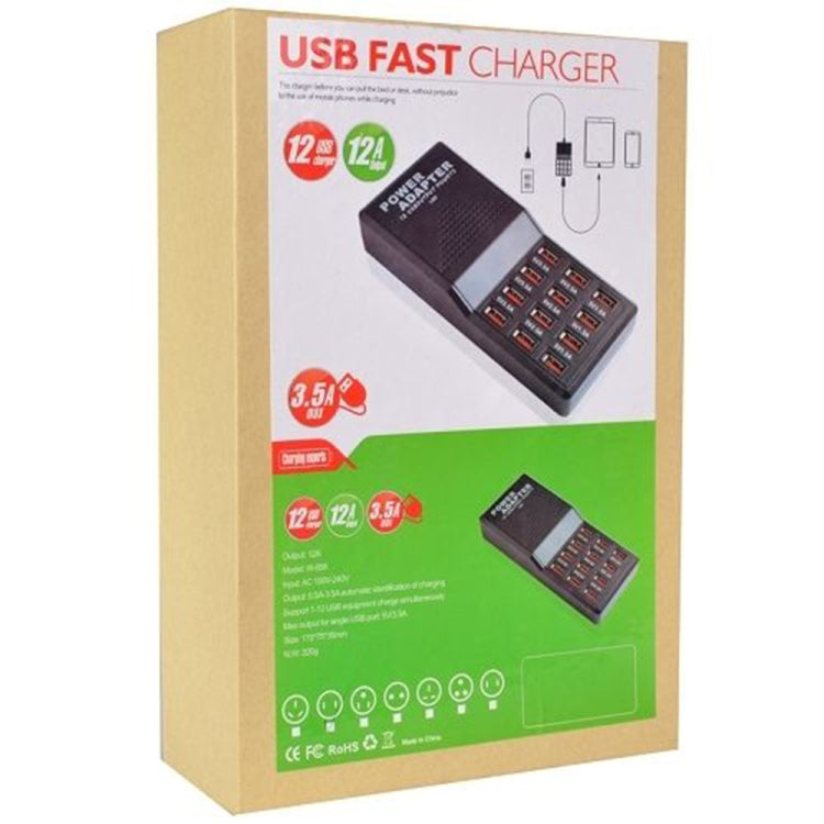 W-858 12A 12 Ports USB Fast Charging Dock Desktop Smart Charger AC100-240V, EU Plug, EU Plug