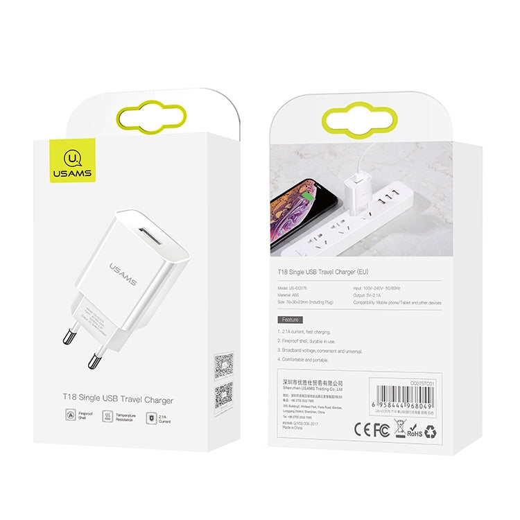 USAMS US-CC075 T18 2.1A Single USB Travel Charger, EU Plug, EU Plug