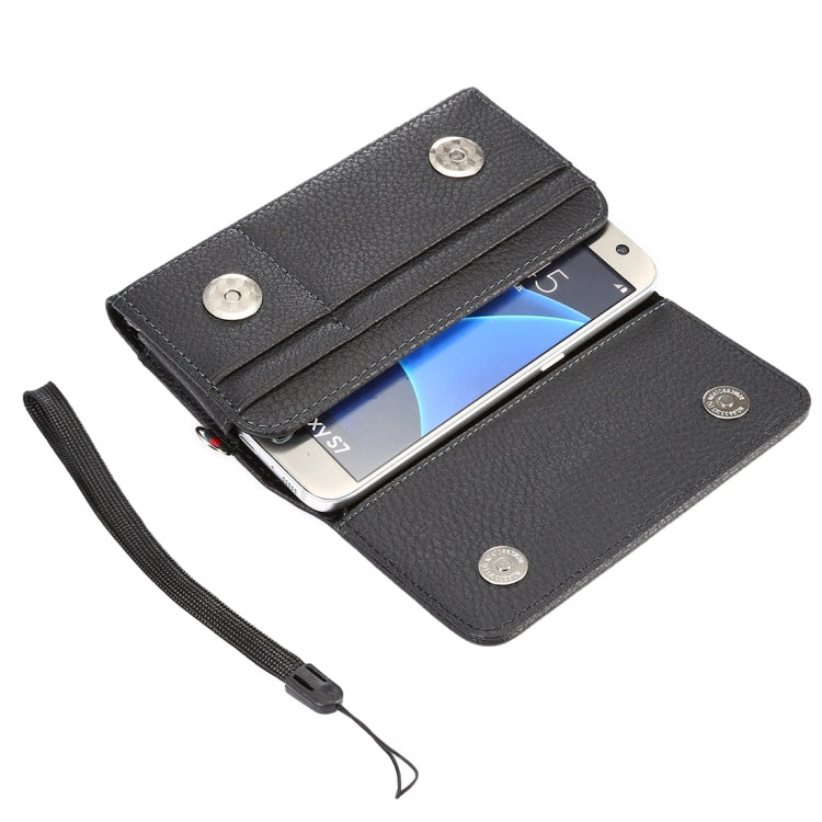 Universal Litchi Texture Vertical Flip Thwartwise PU Leather Case / Waist Bag with Back Splint & Card Slots & 15cm Lanyard for iPhone X & Galaxy S7 & S6 Edge & S6, Huawei P9 & P9 Lite, Sony Xperia Z5, Xiaomi Redmi 4, Size: 14.6 x 7.8 x 1.8 cm