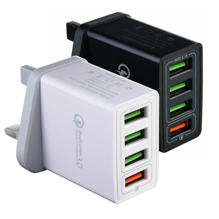 2 in 1 1m USB to 8 Pin Data Cable + 30W QC 3.0 4 USB Interfaces Mobile Phone Tablet PC Universal Quick Charger Travel Charger Set, UK Plug