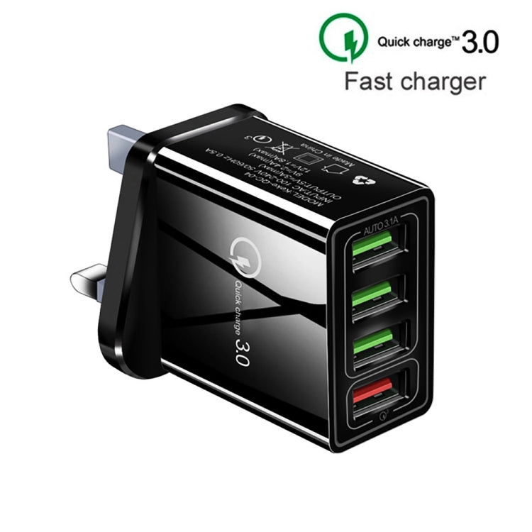 2 in 1 1m USB to 8 Pin Data Cable + 30W QC 3.0 4 USB Interfaces Mobile Phone Tablet PC Universal Quick Charger Travel Charger Set, UK Plug