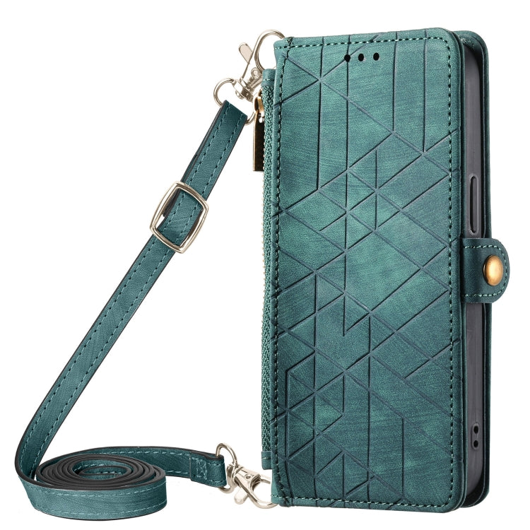Geometric Zipper Wallet Side Buckle Leather Phone Case with Crossbody Lanyard