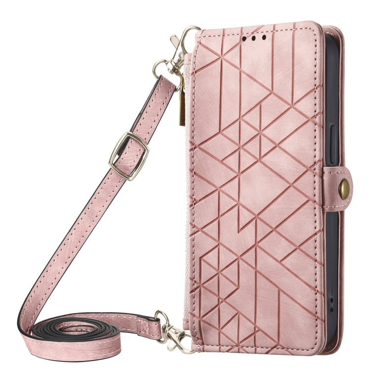 Geometric Zipper Wallet Side Buckle Leather Phone Case with Crossbody Lanyard