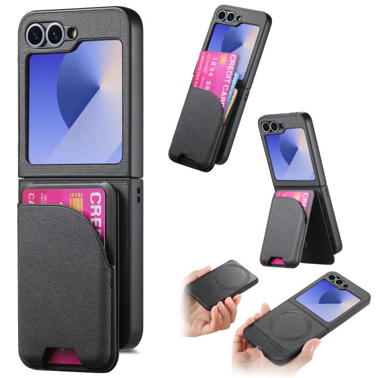 Twill Fabric Leather Skin Card Bag Magnetic Back Phone Case, For Samsung Galaxy Z Flip6, For Samsung Galaxy Z Flip5, For Samsung Galaxy Z Flip4, For Samsung Galaxy Z Flip3 5G