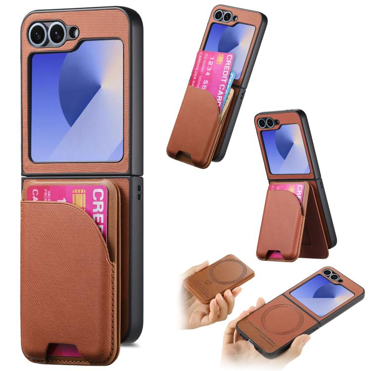 Twill Fabric Leather Skin Card Bag Magnetic Back Phone Case, For Samsung Galaxy Z Flip6, For Samsung Galaxy Z Flip5, For Samsung Galaxy Z Flip4, For Samsung Galaxy Z Flip3 5G