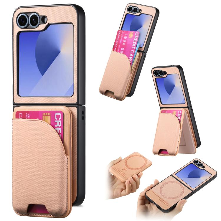 Twill Fabric Leather Skin Card Bag Magnetic Back Phone Case, For Samsung Galaxy Z Flip6, For Samsung Galaxy Z Flip5, For Samsung Galaxy Z Flip4, For Samsung Galaxy Z Flip3 5G