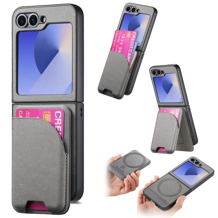 Twill Fabric Leather Skin Card Bag Magnetic Back Phone Case, For Samsung Galaxy Z Flip6, For Samsung Galaxy Z Flip5, For Samsung Galaxy Z Flip4, For Samsung Galaxy Z Flip3 5G