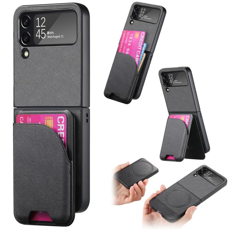 Twill Fabric Leather Skin Card Bag Magnetic Back Phone Case, For Samsung Galaxy Z Flip6, For Samsung Galaxy Z Flip5, For Samsung Galaxy Z Flip4, For Samsung Galaxy Z Flip3 5G
