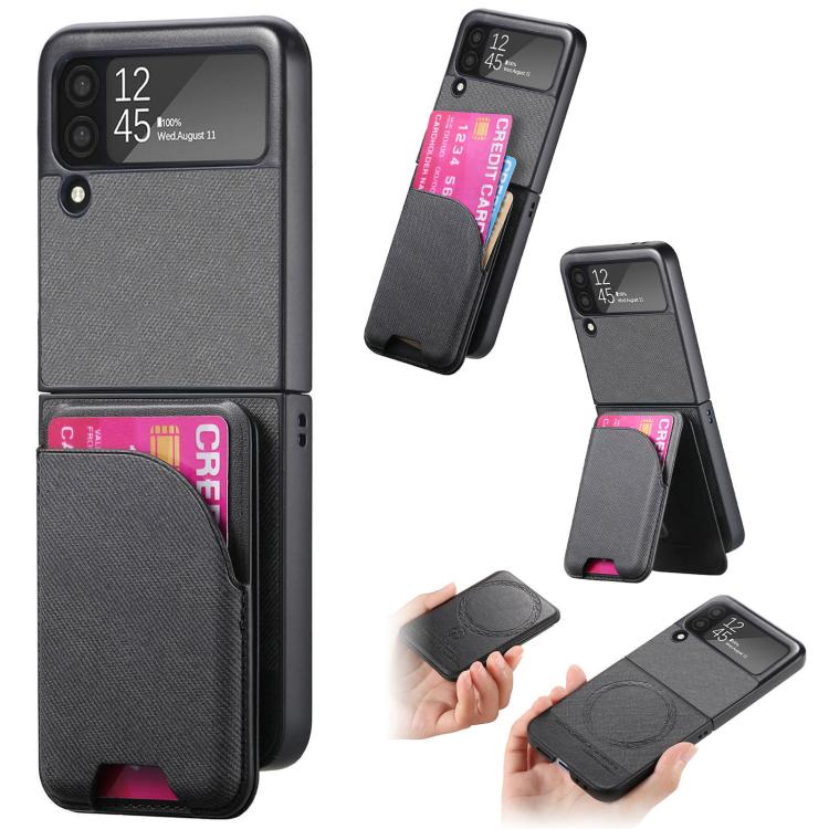 Twill Fabric Leather Skin Card Bag Magnetic Back Phone Case, For Samsung Galaxy Z Flip6, For Samsung Galaxy Z Flip5, For Samsung Galaxy Z Flip4, For Samsung Galaxy Z Flip3 5G