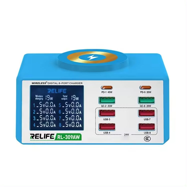 RELIFE RL-309AW QC3.0 PD Fast Wireless Charger With LCD Display 8 Ports
