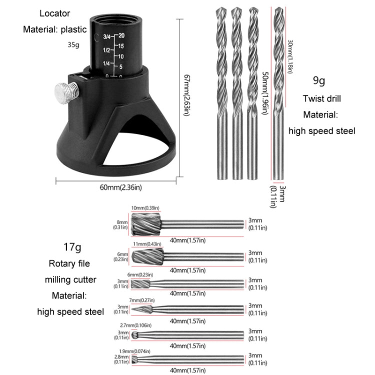 Electric Grinding Locator With 4 Twist Drill + 6 Rotary File Milling Cutter Woodwork Tool for Dremel, 11pcs /Set