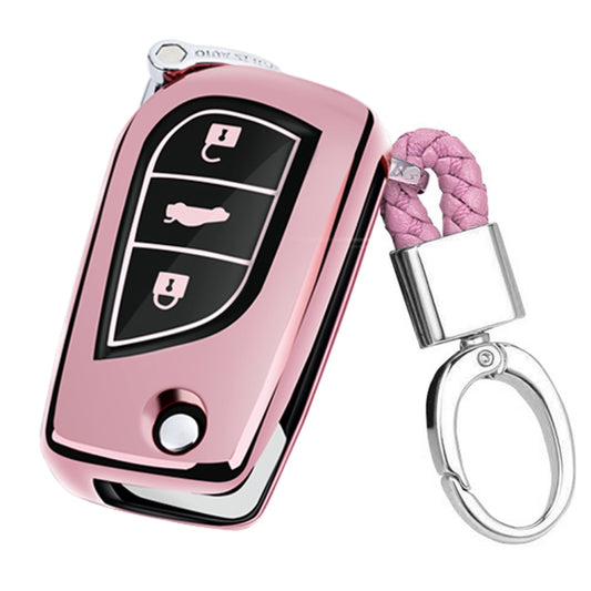 TPU One-piece Electroplating Opening Full Coverage Car Key Case with Key Ring for TOYOTA YARIS L / COROLLA / YARIS L / CAMRY / VIOS / HIGHLANDER, Pink