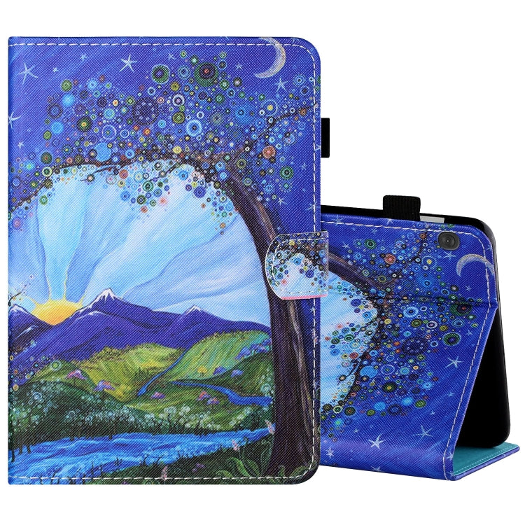Sewing Thread Horizontal Painted Flat Leather Case with Pen Cover & Anti Skid Strip & Card Slot & Holder & Sleep / Wake-up Function