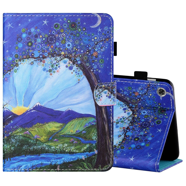 Sewing Thread Horizontal Painted Flat Leather Case with Pen Cover & Anti Skid Strip & Card Slot & Holder & Sleep / Wake-up Function