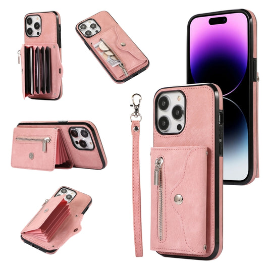 Zipper RFID Card Slot Phone Case with Short Lanyard, For iPhone 14, For iPhone 14 Plus, For iPhone 14 Pro, For iPhone 14 Pro Max, For iPhone 13 mini, For iPhone 13, For iPhone 13 Pro, For iPhone 13 Pro Max