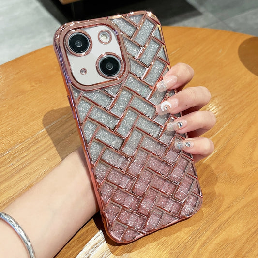 Woven Grid 3D Electroplating Laser Engraving Glitter Paper Phone Case, For iPhone 14, For iPhone 14 Pro, For iPhone 14 Pro Max, For iPhone 13 Pro Max, For iPhone 13 Pro, For iPhone 13, For iPhone 12, For iPhone 12 Pro Max