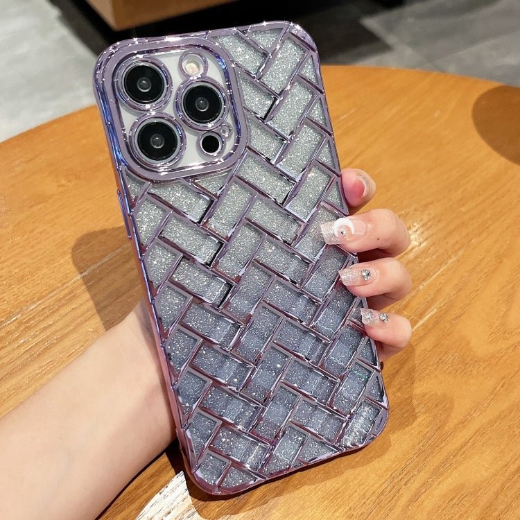 Woven Grid 3D Electroplating Laser Engraving Glitter Paper Phone Case, For iPhone 14, For iPhone 14 Pro, For iPhone 14 Pro Max, For iPhone 13 Pro Max, For iPhone 13 Pro, For iPhone 13, For iPhone 12, For iPhone 12 Pro Max
