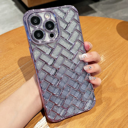 Woven Grid 3D Electroplating Laser Engraving Glitter Paper Phone Case, For iPhone 14, For iPhone 14 Pro, For iPhone 14 Pro Max, For iPhone 13 Pro Max, For iPhone 13 Pro, For iPhone 13, For iPhone 12, For iPhone 12 Pro Max