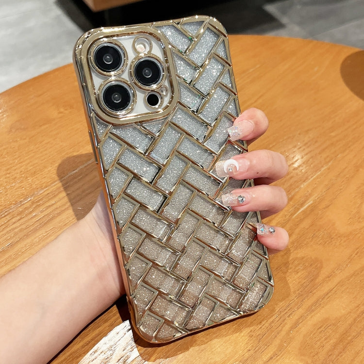Woven Grid 3D Electroplating Laser Engraving Glitter Paper Phone Case, For iPhone 14, For iPhone 14 Pro, For iPhone 14 Pro Max, For iPhone 13 Pro Max, For iPhone 13 Pro, For iPhone 13, For iPhone 12, For iPhone 12 Pro Max