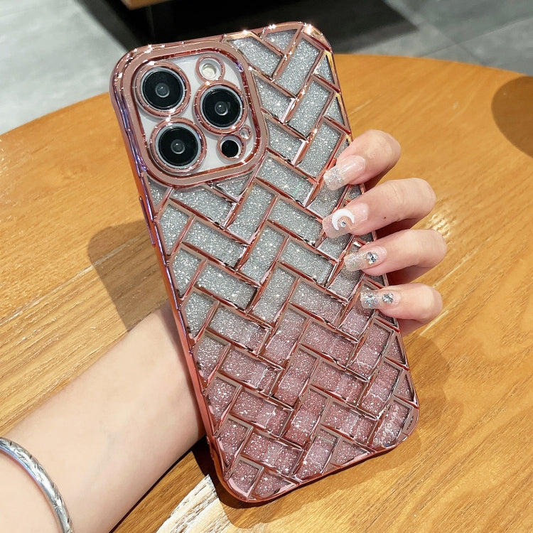 Woven Grid 3D Electroplating Laser Engraving Glitter Paper Phone Case, For iPhone 14, For iPhone 14 Pro, For iPhone 14 Pro Max, For iPhone 13 Pro Max, For iPhone 13 Pro, For iPhone 13, For iPhone 12, For iPhone 12 Pro Max