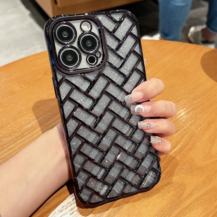 Woven Grid 3D Electroplating Laser Engraving Glitter Paper Phone Case, For iPhone 14, For iPhone 14 Pro, For iPhone 14 Pro Max, For iPhone 13 Pro Max, For iPhone 13 Pro, For iPhone 13, For iPhone 12, For iPhone 12 Pro Max