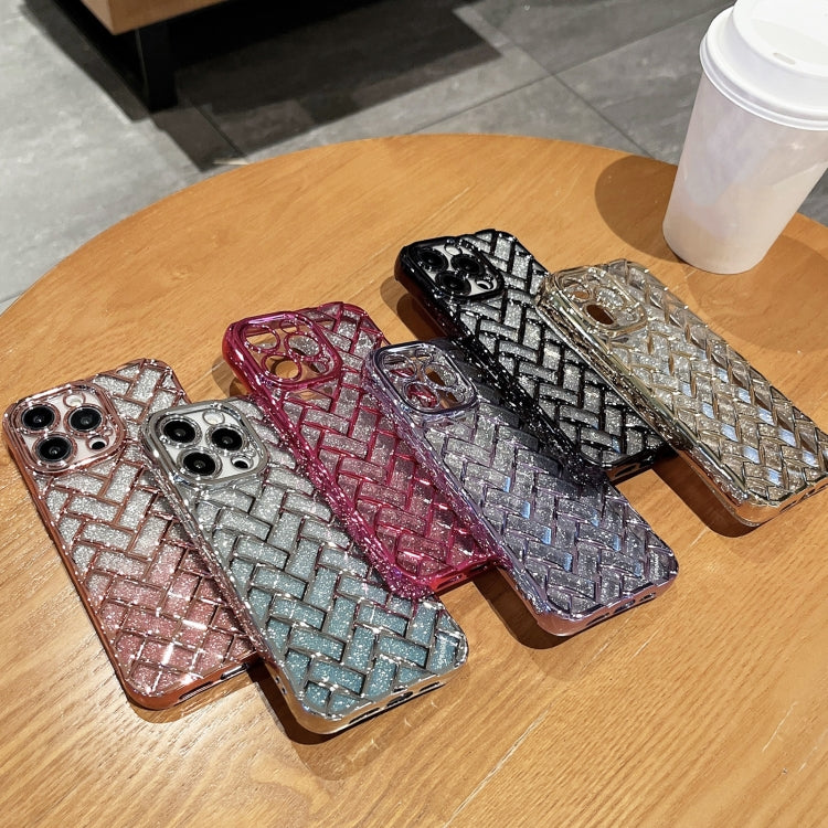 Woven Grid 3D Electroplating Laser Engraving Glitter Paper Phone Case, For iPhone 12 Pro, For iPhone 11