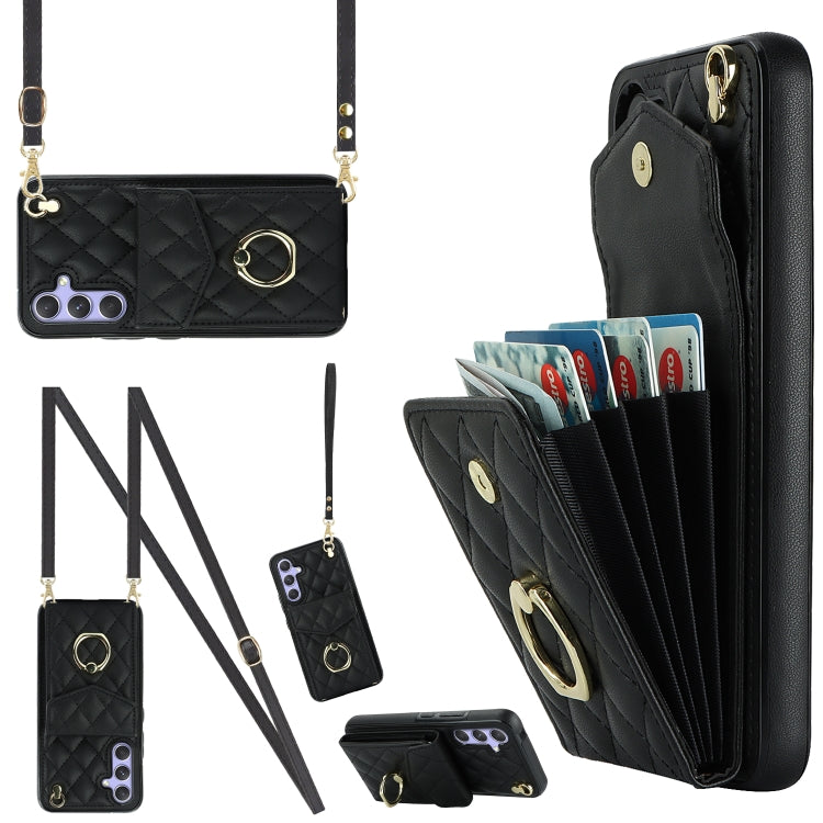 Rhombic Texture Card Bag Phone Case with Long Lanyard