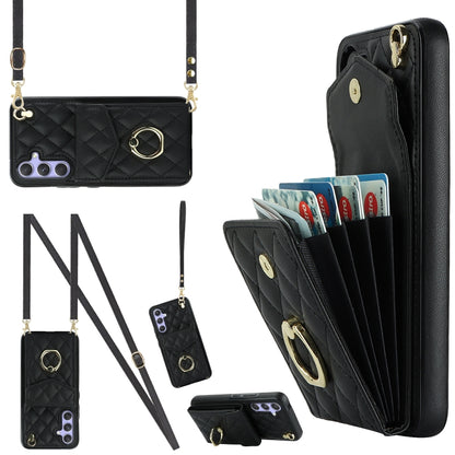 Rhombic Texture Card Bag Phone Case with Long Lanyard