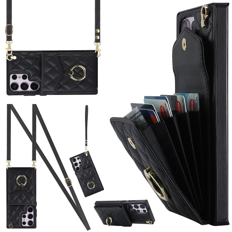 Rhombic Texture Card Bag Phone Case with Long Lanyard